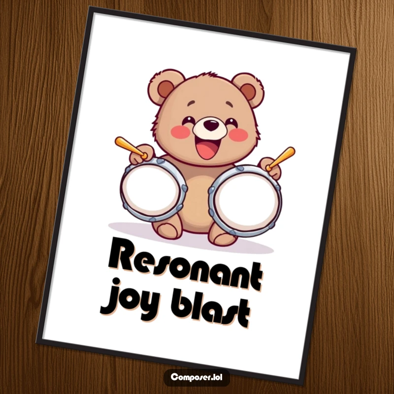 Funny digital art print of a bear cub with a wide grin, joyfully banging on oversized cymbals, perfect for lively decor.