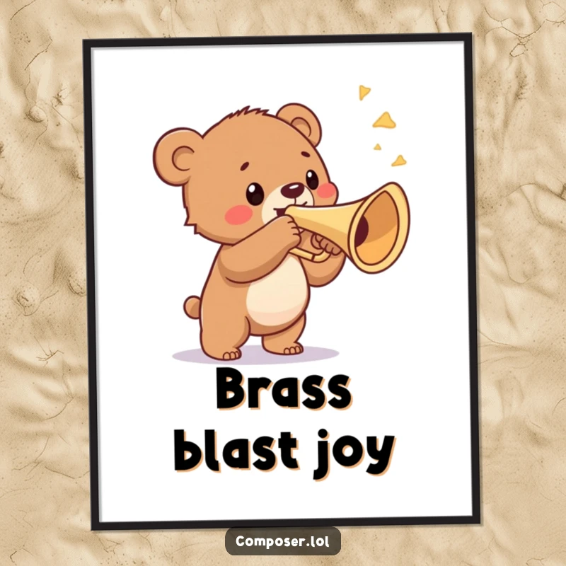 Funny digital art print of a proud bear cub blowing a ridiculously large trumpet, ideal for instant, bold wall decor.