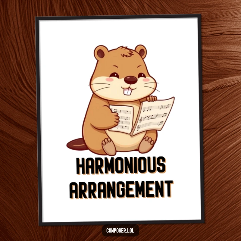 Funny beaver composer digital art, a determined beaver meticulously arranging sheet music, ideal for instant humorous wall decor.