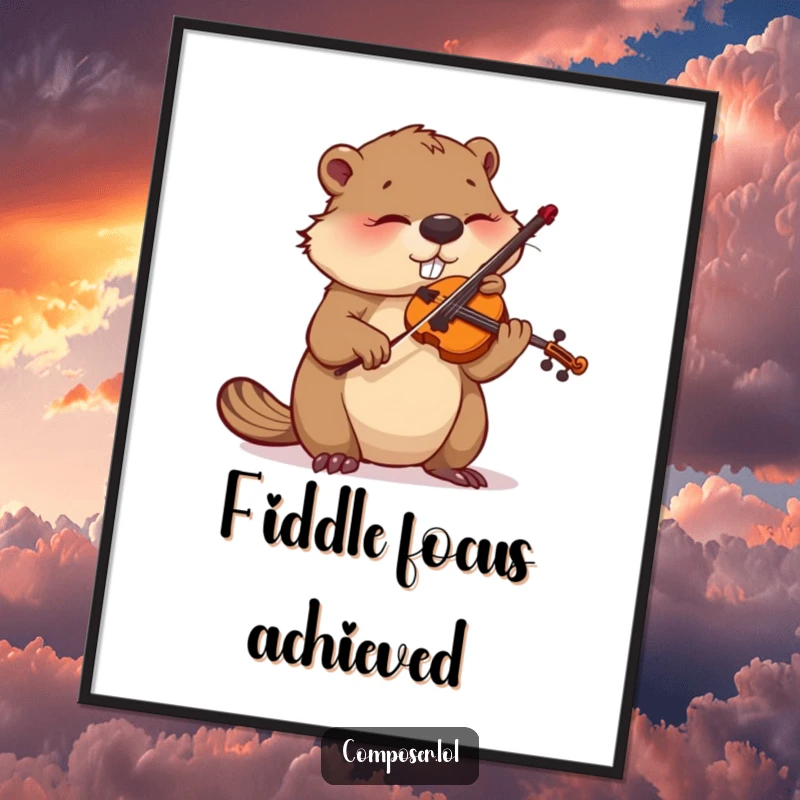 Funny digital art print of a busy beaver intensely focused on tuning a violin, ideal for music lovers.