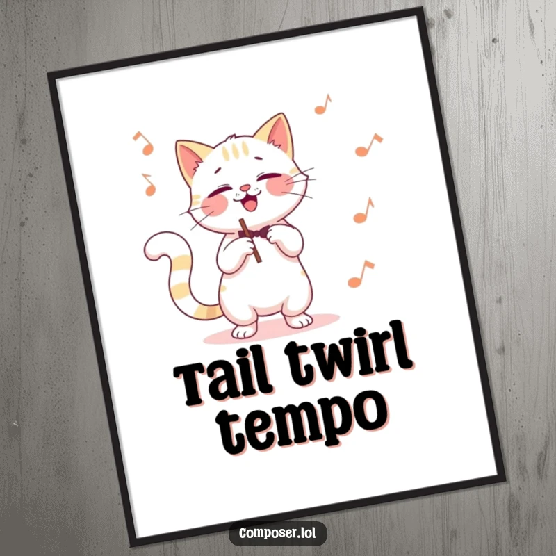 Funny cat composer digital art print, a giggling cat conducting with its tail, bringing instant feline musical joy.