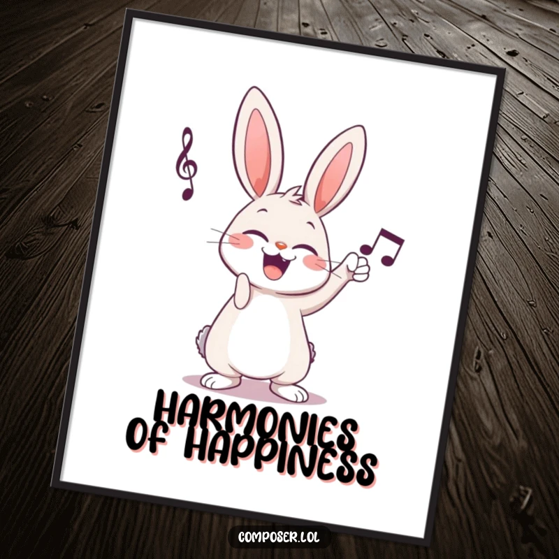 Funny giggling cartoon rabbit triumphantly tapping musical notation on a digital art print, instant humorous decor.