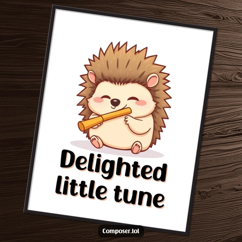 Funny hedgehog flute digital art print, a giggling hedgehog blowing into a miniature flute with delight, printable joyful decor.