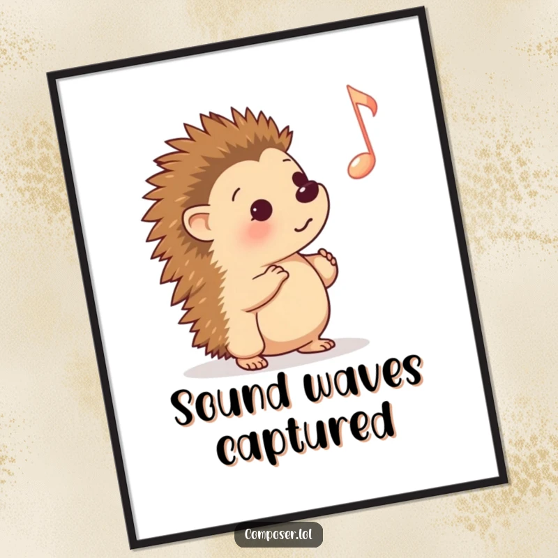 Funny Digital Art: A curious hedgehog intently listening to a solitary, large musical note, offering instant whimsy and musical charm.