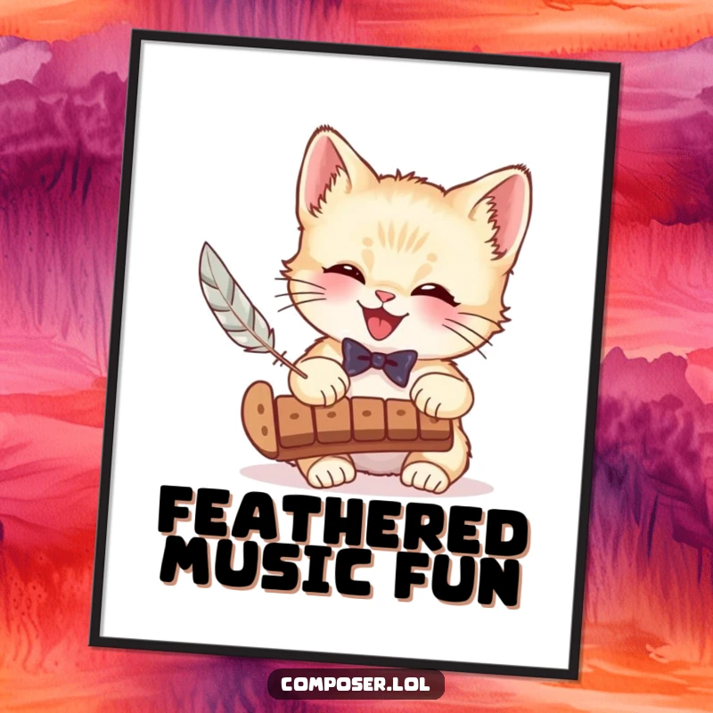 Funny digital art print of a giggling kitten in a bow tie playing a xylophone with a feather, ideal for instant, charming wall decor.