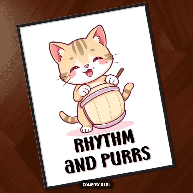 Funny digital art print of a cheerful cat drummer, bringing musical joy and vibrant energy to any room.