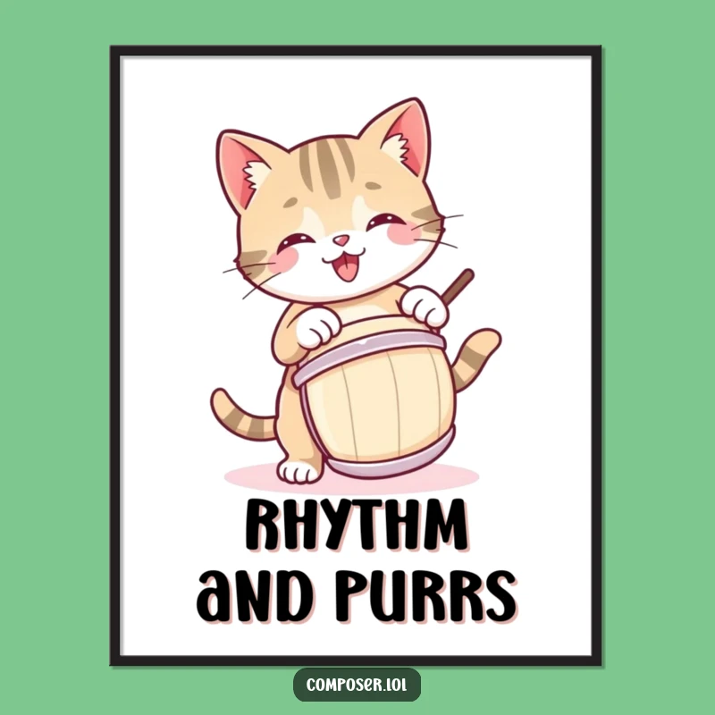Funny Kitty Drummer Digital Art: Playful Cat's Rhythmic Joy - Instant Download!