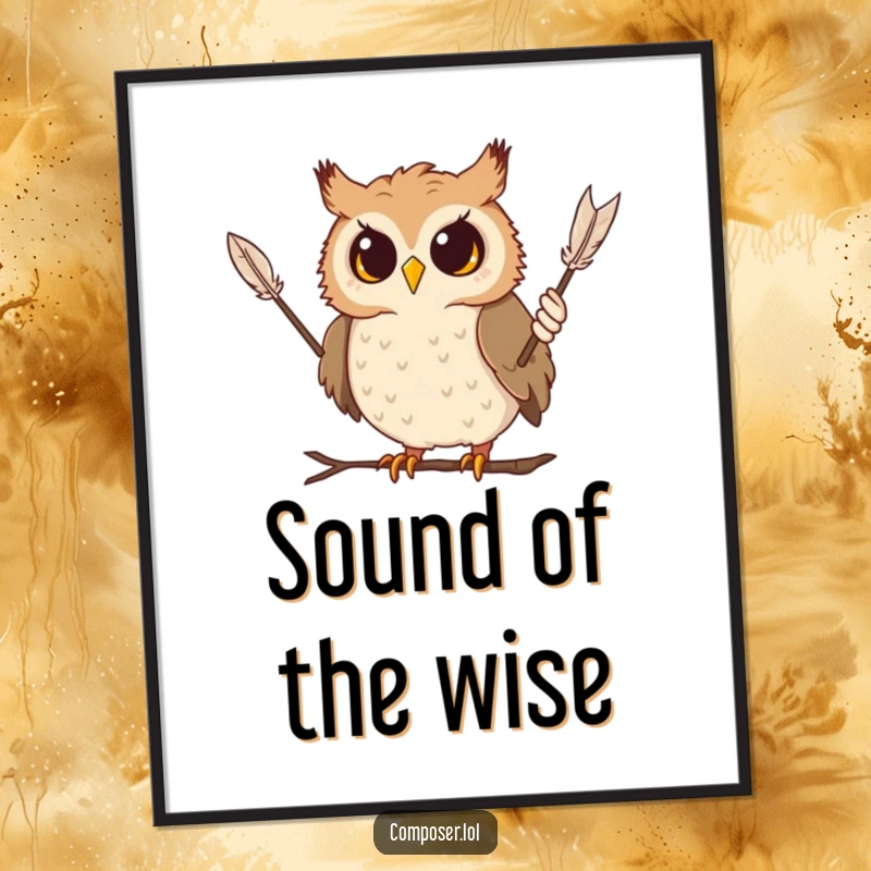 Funny owl conductor digital art print, a curious owl dramatically waving a feather baton, easily printable humorous decor.