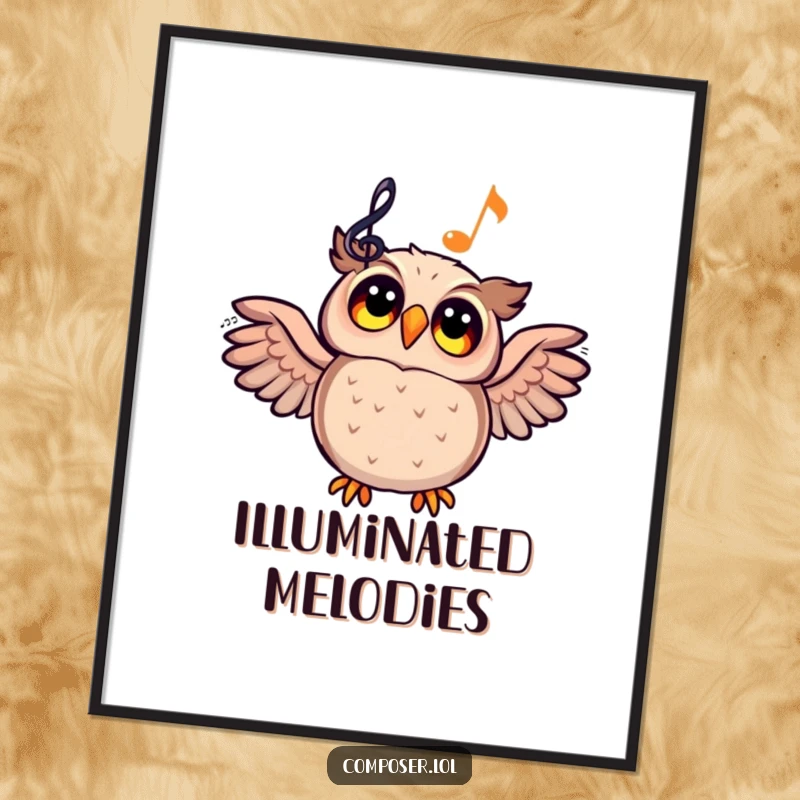 Funny cartoon owl looking up with wide, inspired eyes at a glowing musical staff on a digital art print.