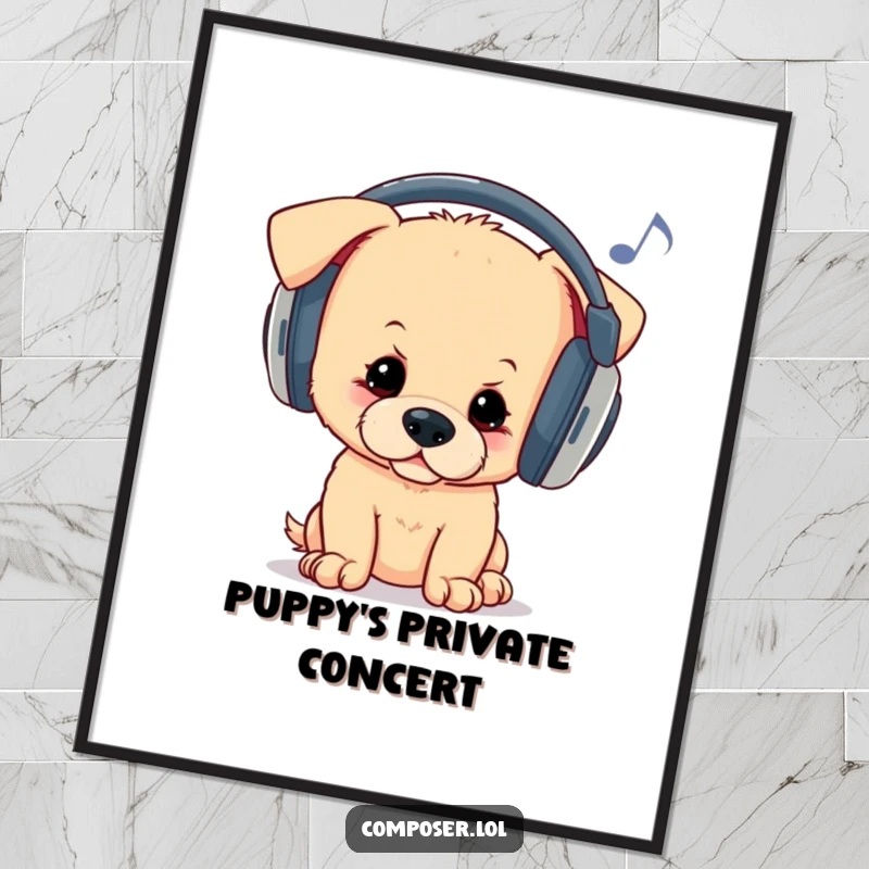 Funny digital art print of a curious puppy wearing oversized headphones, bopping its head to unheard melodies, ideal for instant wall decor.