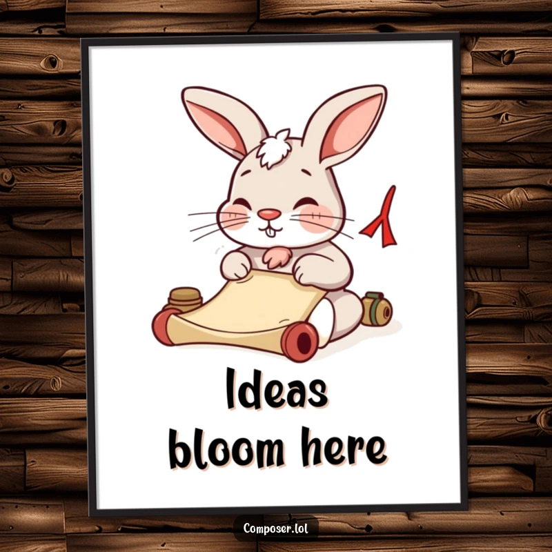 Funny rabbit intensely writing on a scroll, nose wiggling, as a digital art print. Great for study decor.