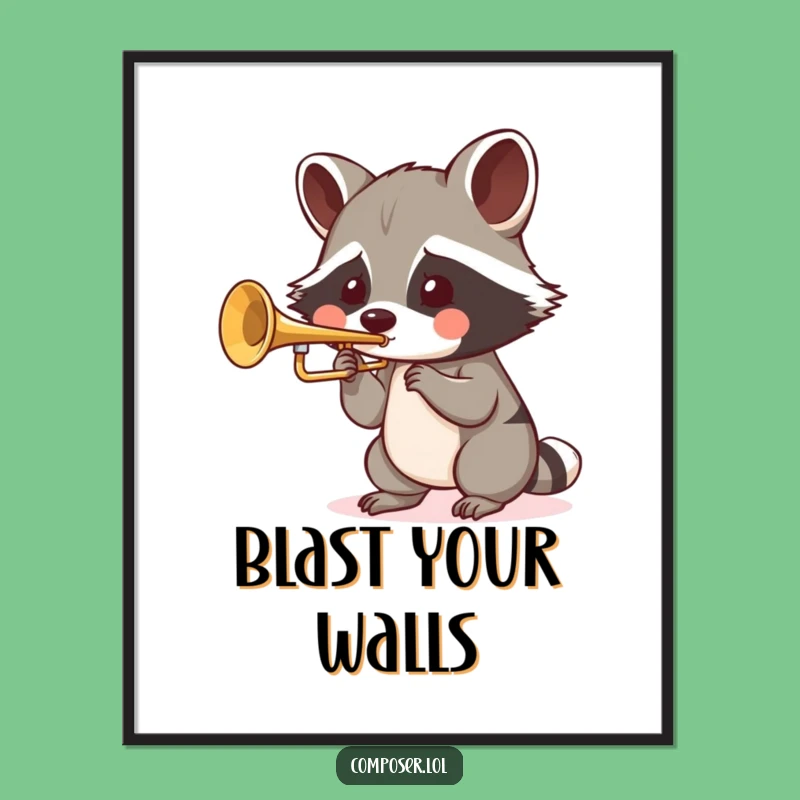 Funny Raccoon Trumpet Digital Art Print: Humorous Music Decor Gift