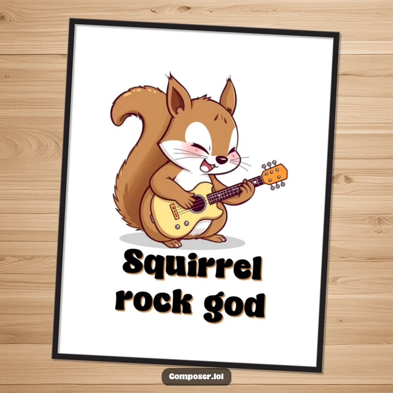 Funny digital art print of a determined cartoon squirrel meticulously tuning a miniature guitar with focused joy, celebrating music and dedication.