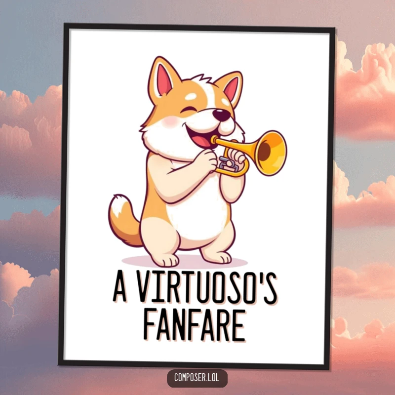 Funny Trumpet Dog Digital Art: Proud dog playing majestic trumpet, artistic and humorous wall decor print