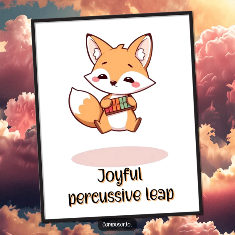 Funny fox xylophone digital art print, a bouncy fox leaping while playing a tiny xylophone, printable energetic humorous decor.