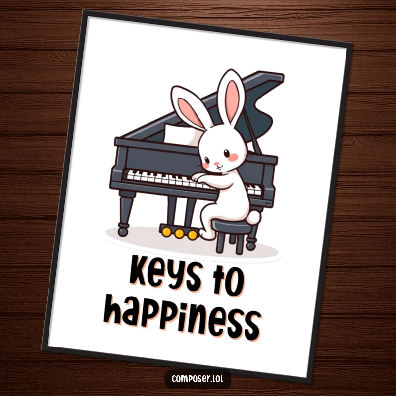 Funny digital art of a playful rabbit with big ears tapping the keys of a grand piano, perfect for whimsical decor.
