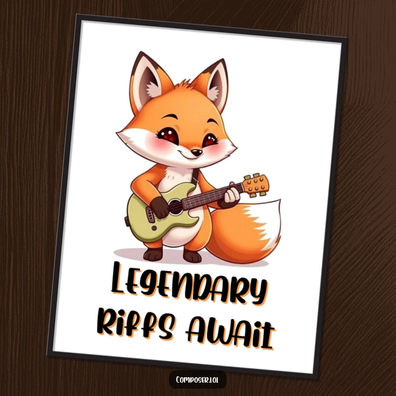Funny, mischievous fox playing a miniature guitar with flair, as a digital art print. Great for music-themed decor.