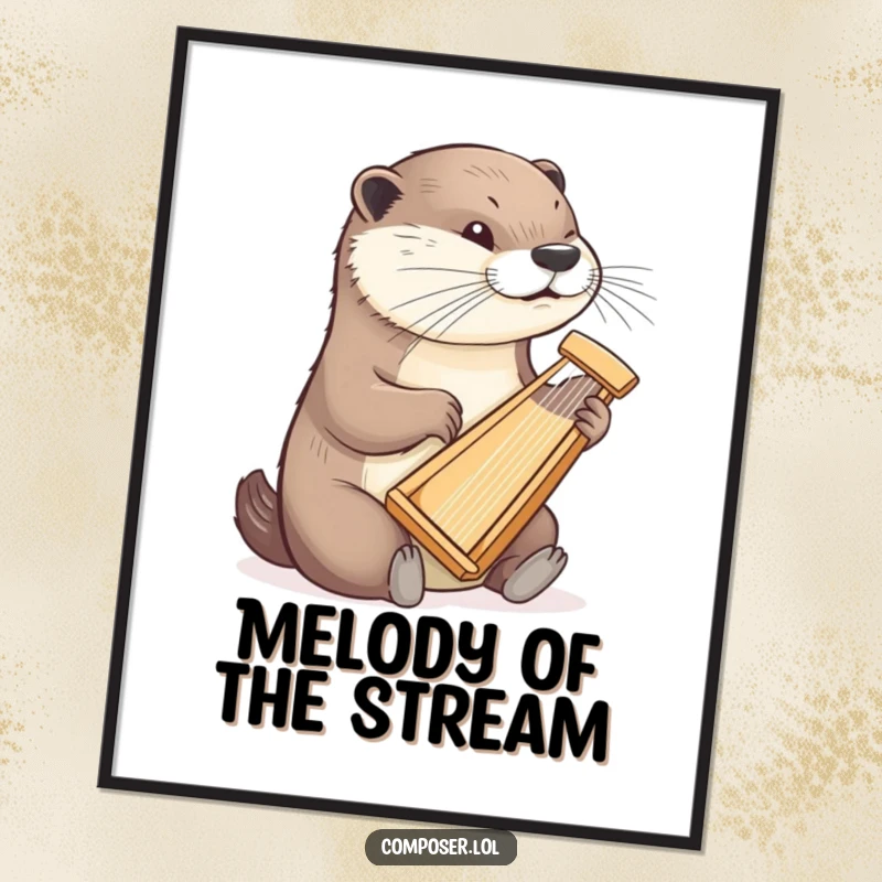 Funny otter harpist digital art print, a determined otter playing a tiny harp with finesse, printable elegant humorous decor.