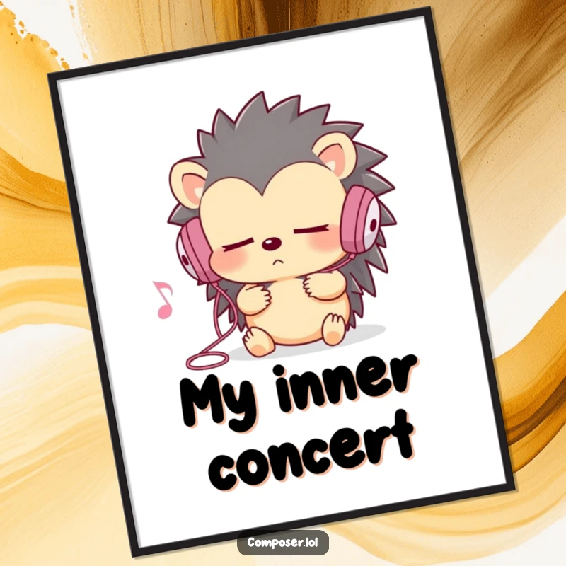Funny hedgehog digital art print, earbuds in, eyes closed, deep in music, expressive and humorous.
