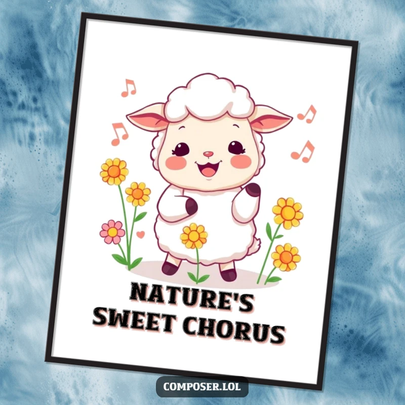 Funny sheep floral conductor digital art print, a cheerful sheep leading flowers in a musical chorus, printable whimsical art.
