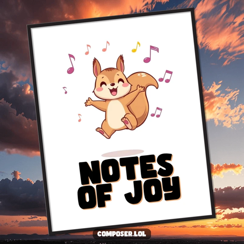 Funny Squirrel Music Digital Art - A printable artwork of a playful squirrel leaping between musical notes, ideal for music and art lovers.