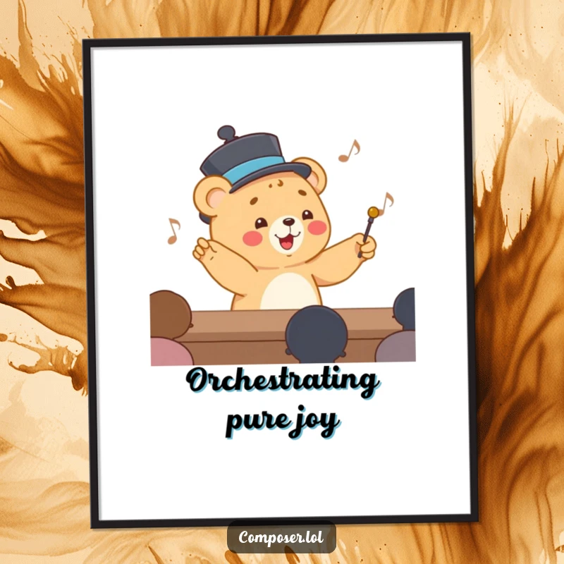 Funny Digital Art Print of a happy cartoon bear cub in a smart hat, conducting an orchestra, ready for printing.