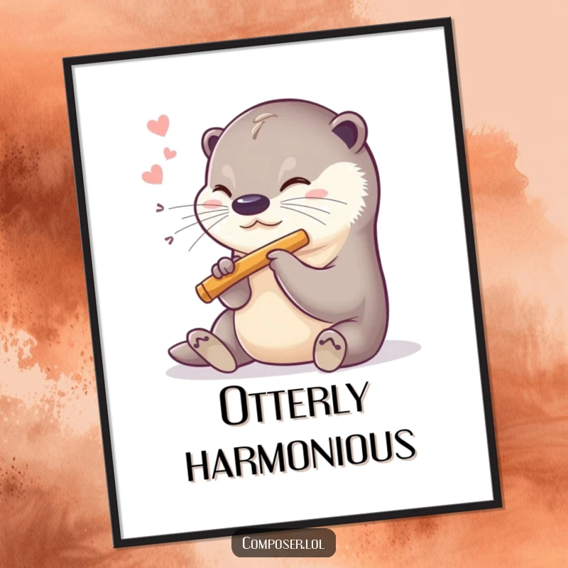 Funny digital art print of a sweet otter happily playing a miniature flute with a contented sigh.