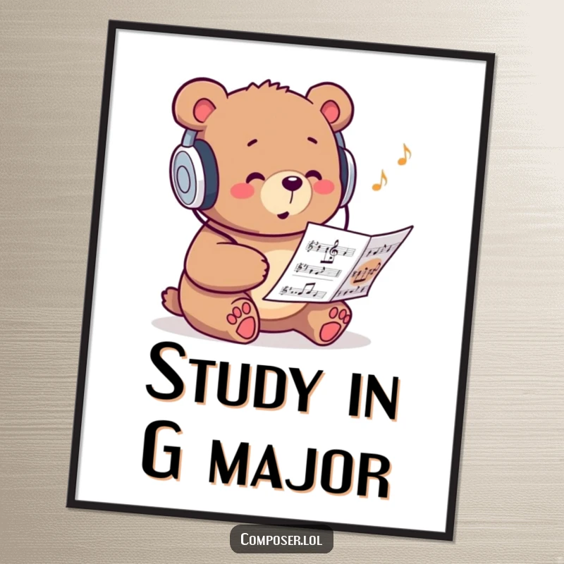 Funny digital art print of a studious bear wearing headphones and humming to sheet music, cool vibe.