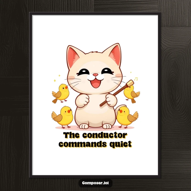 Funny Cat Conductor Digital Art Print, a joyful cat maestro conducting a lively ensemble of chirping birds with a baton.
