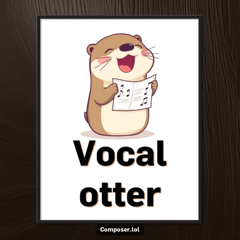 Funny otter singer digital art, a happy otter loudly singing with sheet music in its beak, ideal for instant humorous wall decor.