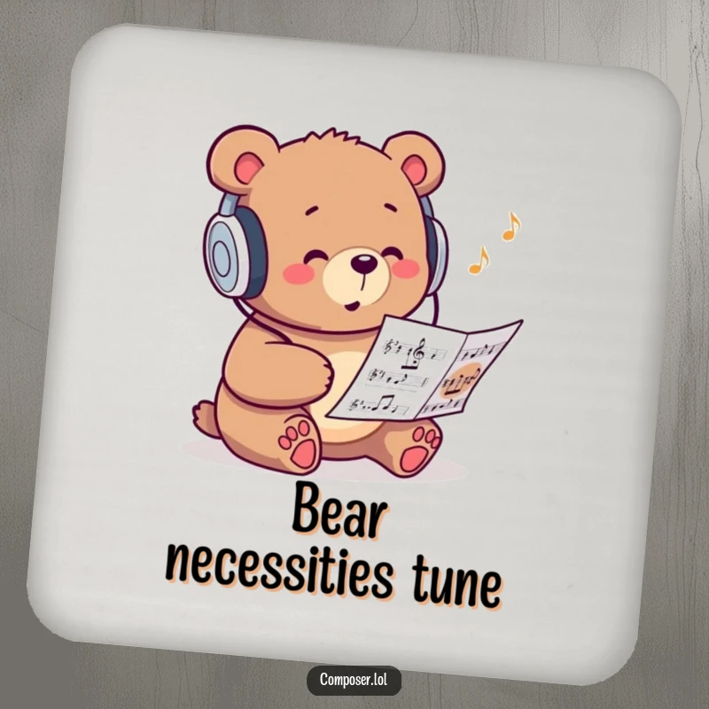 Funny drink coaster featuring a studious bear with headphones, protecting surfaces with musical flair.