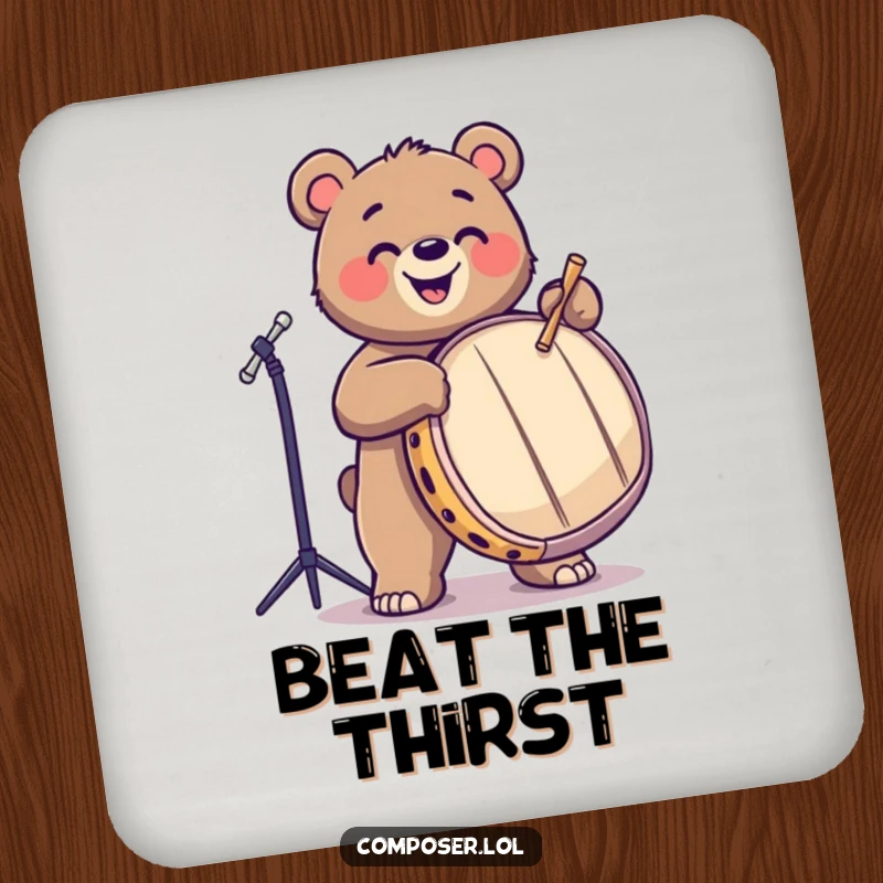 Funny bear drumming joyfully on a large drum on a set of drink coasters. Ideal for protecting furniture.