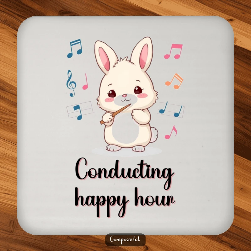 Funny bunny conductor coaster, protecting furniture with musical charm and a smile. A cute, funny gift.