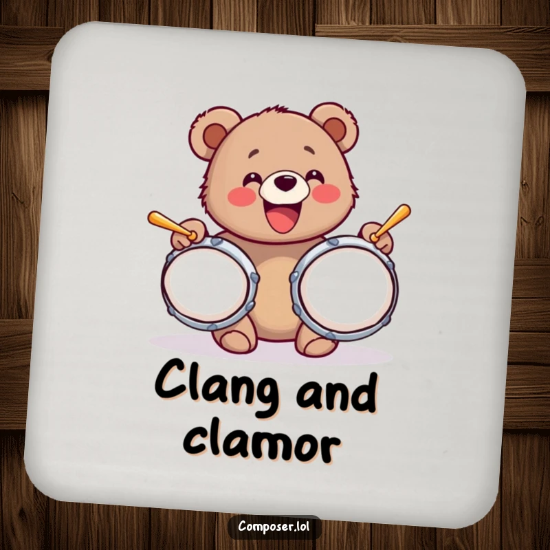 Funny drink coaster with a bear cub's joyful face and oversized cymbals, adding a musical touch to any table.