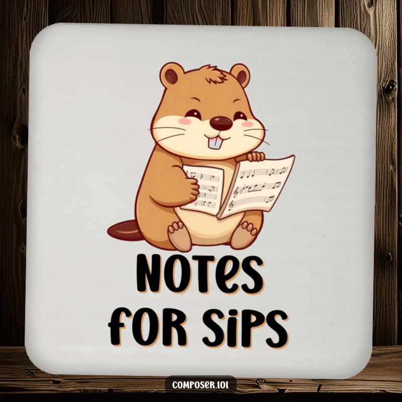 Funny beaver composer coasters, a determined beaver meticulously arranging sheet music, protecting surfaces with musical order and humor.