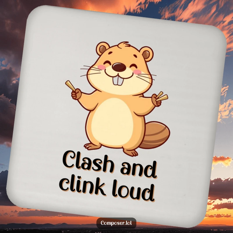 Funny Beaver Cymbals Music Coaster: Smiling beaver enthusiastically banging cymbals with a happy flourish, protective and humorous accessory