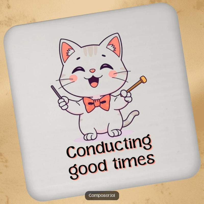 Funny drink coaster showing a happy cat in a tiny bow tie conducting with a baton, perfect for tabletops.