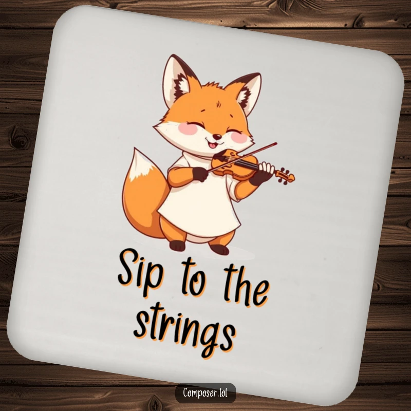 Funny drink coaster with a fox in a smock playing a miniature violin, adding a musical touch to any table.