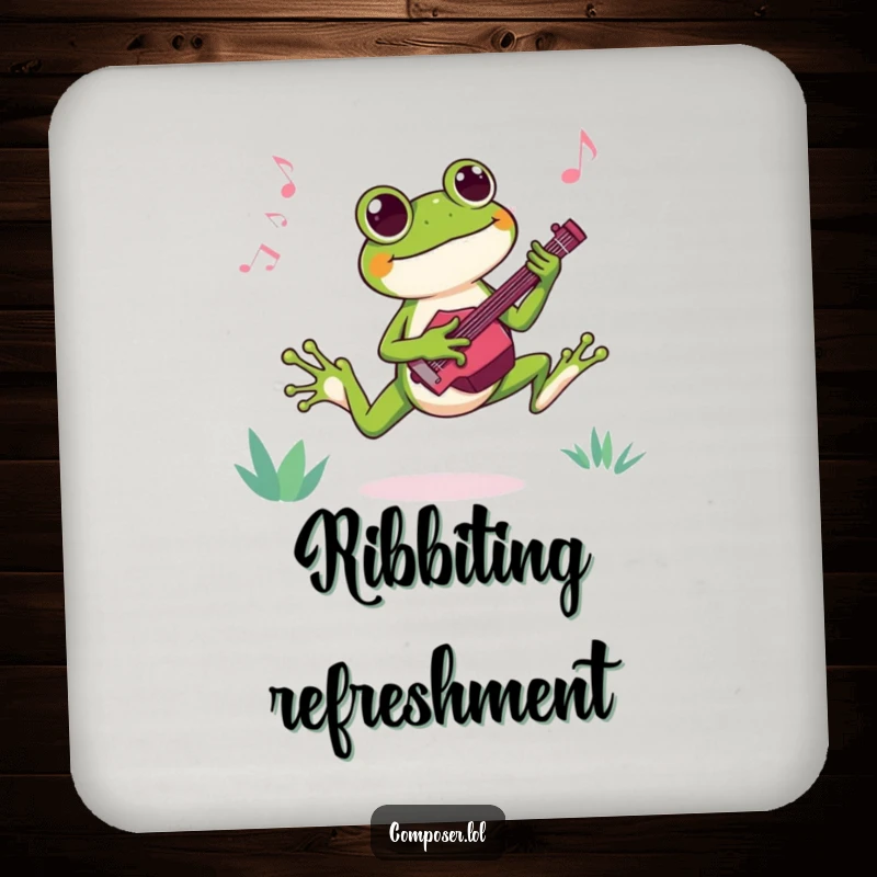 Funny coasters featuring a joyful frog composer leaping with excitement while composing, adding amphibian humor to drink service.
