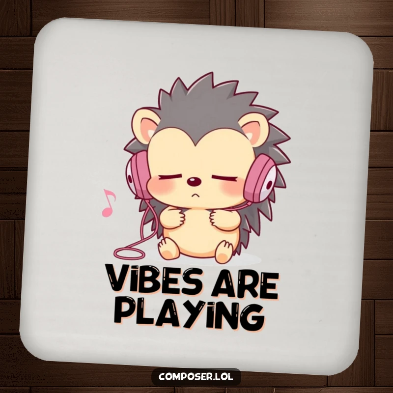 Funny hedgehog drink coaster, earbuds in, eyes closed, intensely listening to music, protecting surfaces.