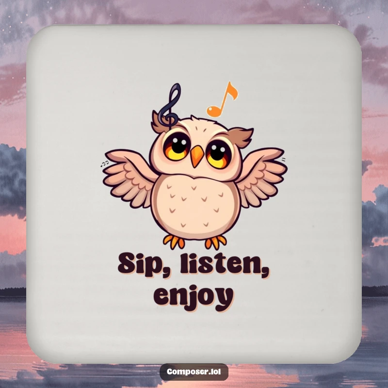 Funny cartoon owl looking up at a glowing musical staff on a drink coaster, adding artistic flair.