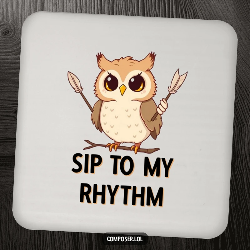 Funny owl coaster featuring a curious owl conducting with a feather baton, a humorous and protective tabletop accessory.