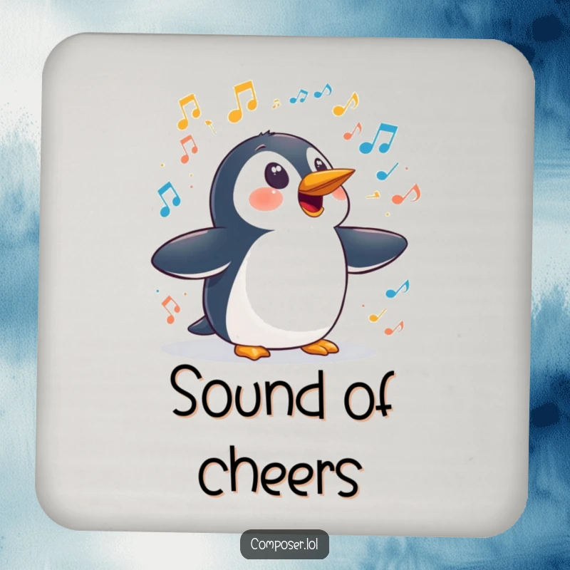 Funny penguin symphony coasters, a surprised penguin reacting to a loud symphony of sounds, protecting surfaces with humorous surprise.
