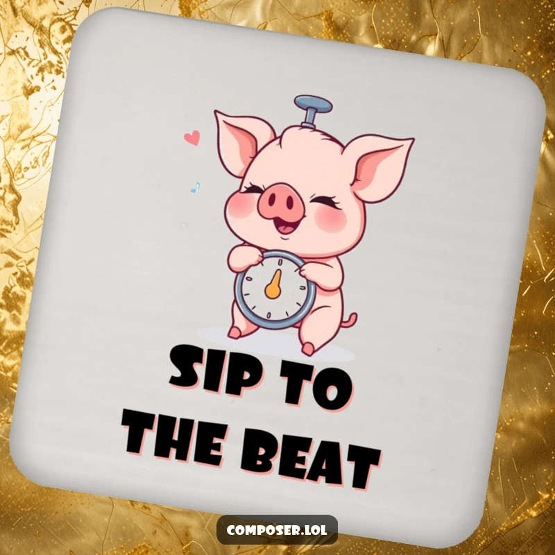 Funny Piglet Metronome Coaster: a piglet spins a metronome with intense concentration, a humorous table accessory.