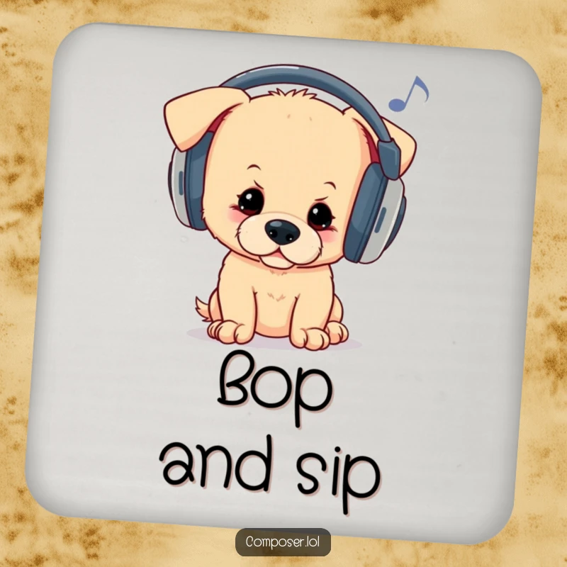 Funny drink coaster featuring a curious puppy wearing oversized headphones, bopping its head to unheard melodies, adding musical flair.