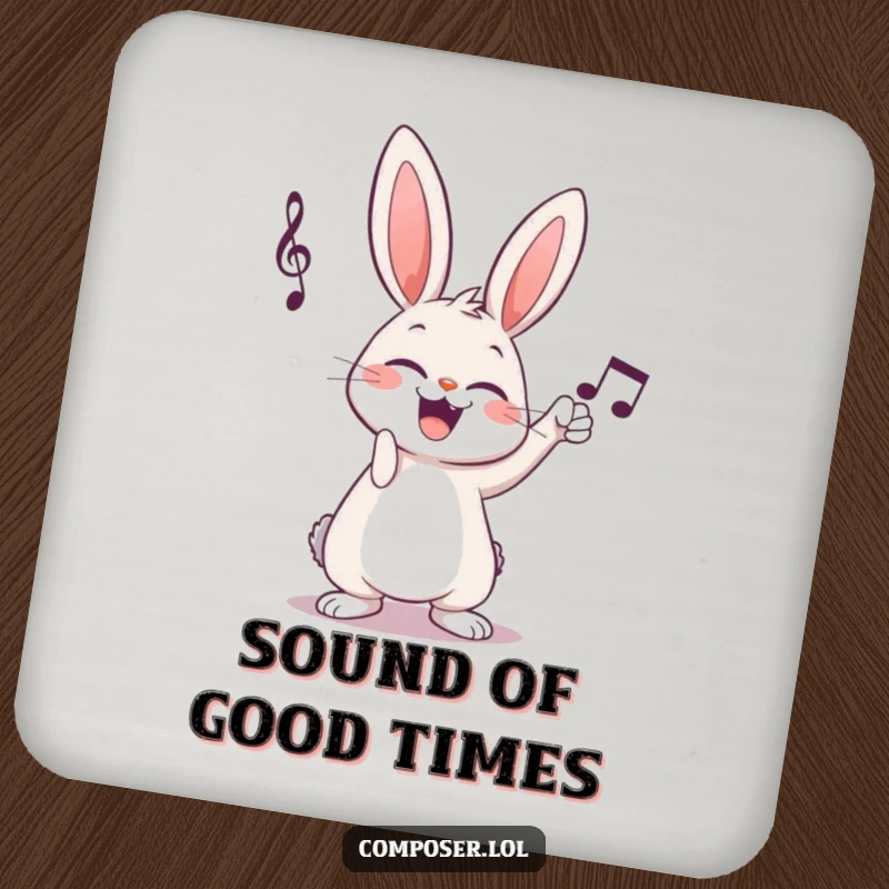 Funny giggling cartoon rabbit composer tapping musical notation on a drink coaster, a small piece of musical art.