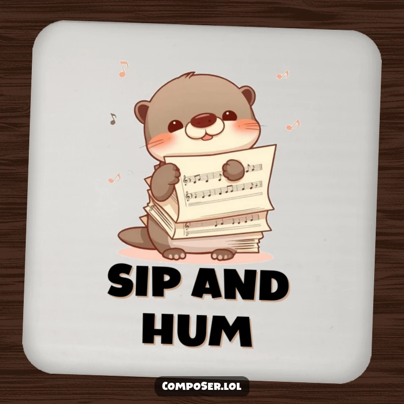 Funny drink coaster featuring a shy otter peeking from behind sheet music, humming happily, adding gentle musical flair.