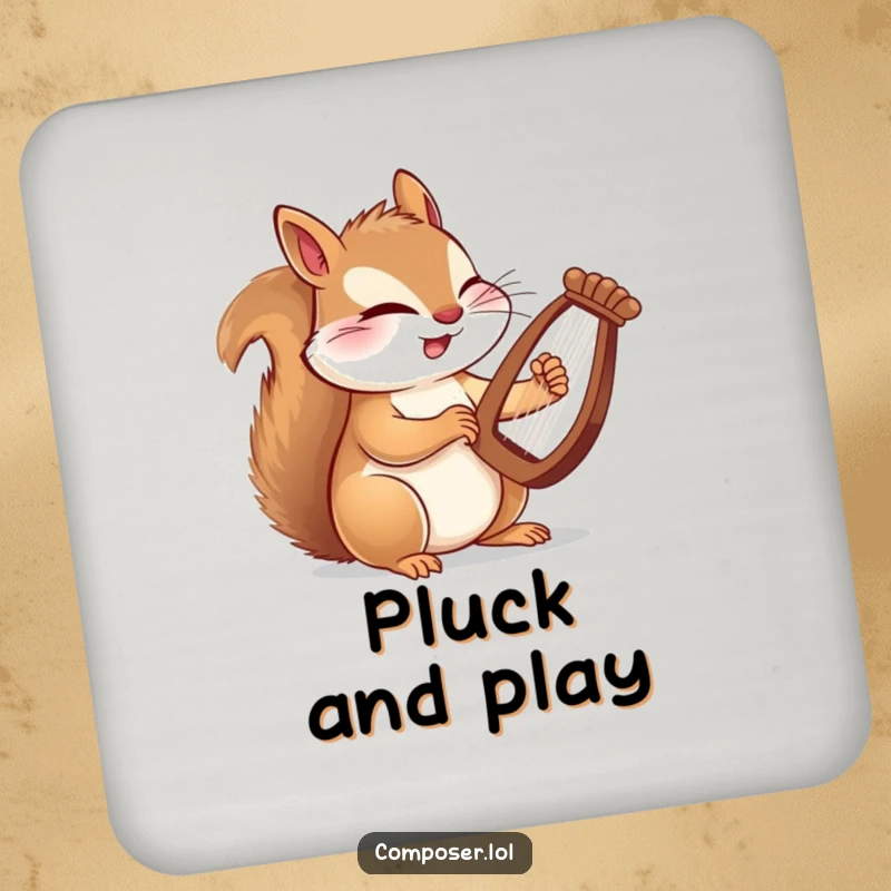 Funny coasters featuring a winking squirrel composer playing a tiny harp with fast paws, adding humor to drink service.