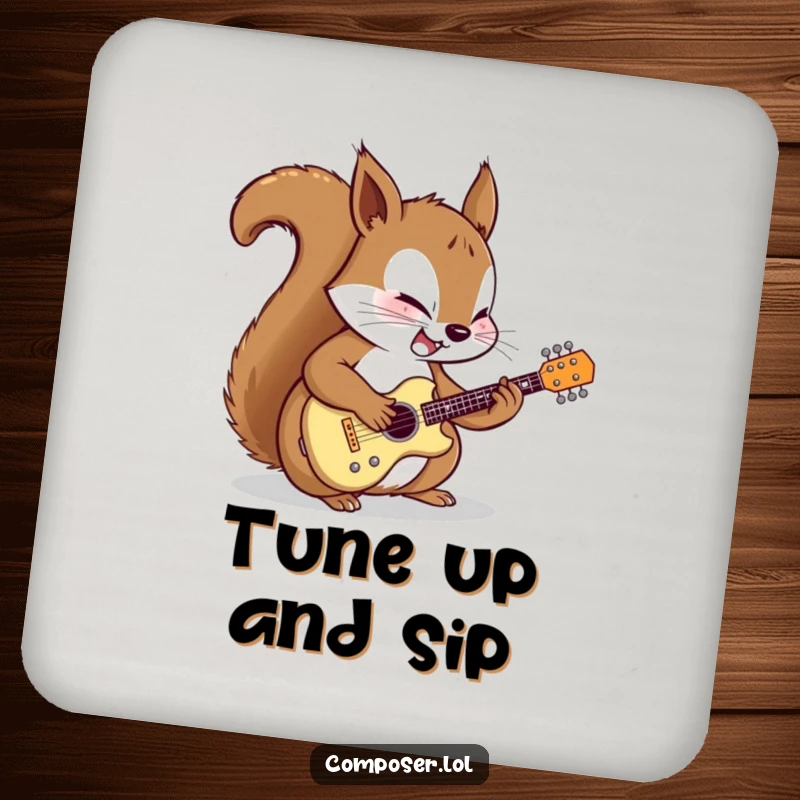Funny drink coaster featuring a determined cartoon squirrel meticulously tuning a miniature guitar with focused joy, adding a musical touch.