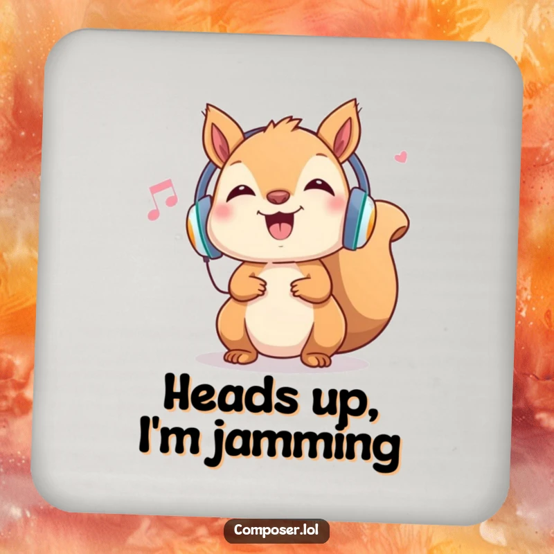 Funny Squirrel Music Coaster: Cheerful rodent with headphones, head bopping to music, protective and humorous accessory